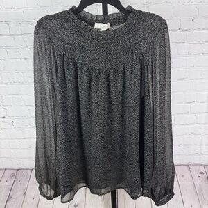 Loft Black and Brown Mock Turtleneck Semi Sheer Long Sleeve Blouse Size Medium
